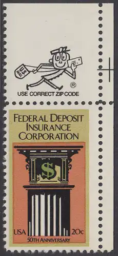 USA Michel 1675 / Scott 2071 postfrisch EINZELMARKE ECKRAND oben rechts m/ ZIP-Emblem - 50 Jahre Bundesbankeinlagenversicherung: Säule mit Kapitell