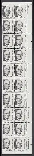 USA Michel 1676 / Scott 1862 postfrisch vert.PLATEBLOCK(20) ECKRAND oben rechts m/ Platten-# 4 - Amerikanische Persönlichkeiten: Harry S. Truman (1884-1972), 33. Präsident der USA