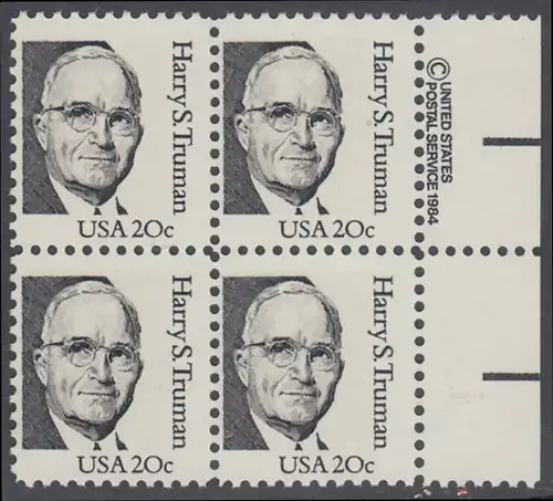 USA Michel 1676 / Scott 1862 postfrisch BLOCK RÄNDER rechts m/ copyright symbol - Amerikanische Persönlichkeiten: Harry S. Truman (1884-1972), 33. Präsident der USA