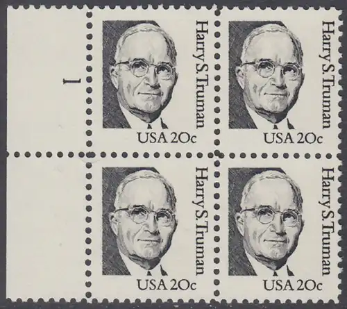 USA Michel 1676 / Scott 1862 postfrisch BLOCK RÄNDER links m/ Platten-# 1 - Amerikanische Persönlichkeiten: Harry S. Truman (1884-1972), 33. Präsident der USA