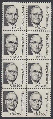 USA Michel 1676 / Scott 1862 postfrisch vert.BLOCK(8) (unten ungezähnt) - Amerikanische Persönlichkeiten: Harry S. Truman (1884-1972), 33. Präsident der USA