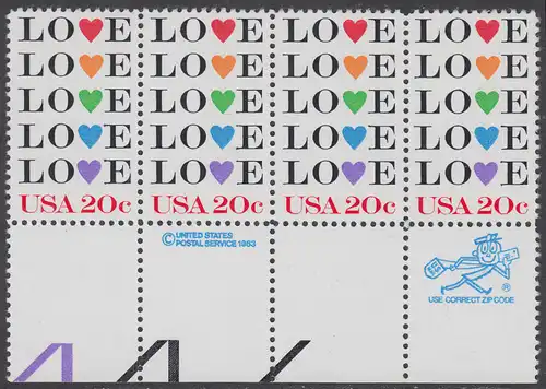 USA Michel 1677 / Scott 2072 postfrisch horiz.STRIP(4) RÄNDER unten m/ ZIP-Emblem - Grußmarke: Love