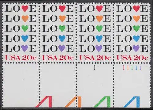 USA Michel 1677 / Scott 2072 postfrisch horiz.STRIP(4) RÄNDER unten m/ Platten-# 11111 - Grußmarke: Love