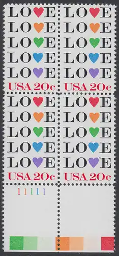 USA Michel 1677 / Scott 2072 postfrisch BLOCK RÄNDER unten m/ Platten-# 11111 - Grußmarke: Love