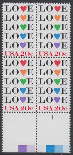 USA Michel 1677 / Scott 2072 postfrisch BLOCK RÄNDER unten m/ Platten-# 1 - Grußmarke: Love