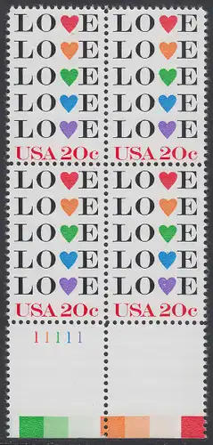 USA Michel 1677 / Scott 2072 postfrisch BLOCK RÄNDER unten m/ Platten-# 11111 (a2) - Grußmarke: Love
