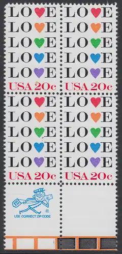 USA Michel 1677 / Scott 2072 postfrisch BLOCK RÄNDER unten m/ ZIP-Emblem - Grußmarke: Love