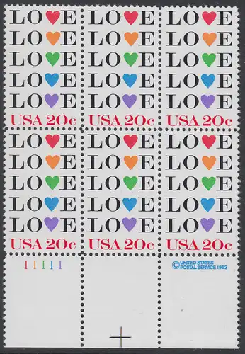 USA Michel 1677 / Scott 2072 postfrisch horiz.BLOCK(6) RÄNDER unten m/ Platten-# 11111 - Grußmarke: Love