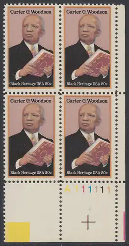 USA Michel 1678 / Scott 2073 postfrisch PLATEBLOCK ECKRAND unten rechts m/ Platten-# A111111 - Schwarzamerikanisches Erbe: Carter G. Woodson, Historiker