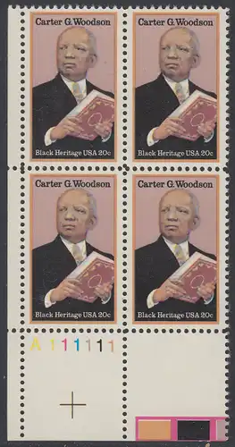 USA Michel 1678 / Scott 2073 postfrisch PLATEBLOCK ECKRAND unten links m/ Platten-# A111111 - Schwarzamerikanisches Erbe: Carter G. Woodson, Historiker