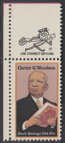 USA Michel 1678 / Scott 2073 postfrisch EINZELMARKE ECKRAND oben links m/ ZIP-Emblem - Schwarzamerikanisches Erbe: Carter G. Woodson, Historiker