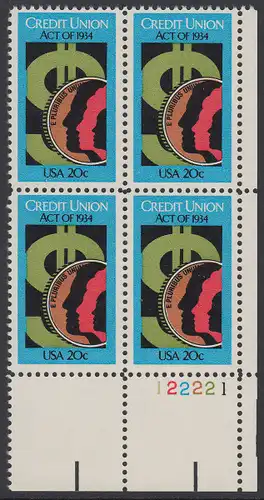USA Michel 1681 / Scott 2075 postfrisch PLATEBLOCK ECKRAND unten rechts m/ Platten-# 122221 (c) - 50 Jahre Genossenschaftsbankgesetz