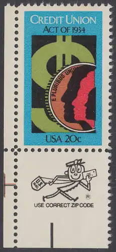 USA Michel 1681 / Scott 2075 postfrisch EINZELMARKE ECKRAND unten links m/ ZIP-Emblem - 50 Jahre Genossenschaftsbankgesetz