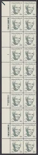 USA Michel 1682 / Scott 1868 postfrisch vert.PLATEBLOCK(20) RÄNDER links m/ Platten-# 1 - Amerikanische Persönlichkeiten: Lilian M. Gilbreth (1878-1972), Ingenieurin