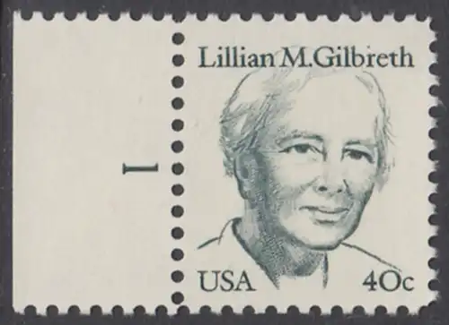 USA Michel 1682 / Scott 1868 postfrisch EINZELMARKE RAND links m/ Platten-# 1 - Amerikanische Persönlichkeiten: Lilian M. Gilbreth (1878-1972), Ingenieurin