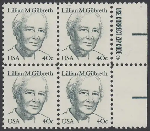 USA Michel 1682 / Scott 1868 postfrisch BLOCK RÄNDER rechts m/ ZIP-Emblem - Amerikanische Persönlichkeiten: Lilian M. Gilbreth (1878-1972), Ingenieurin