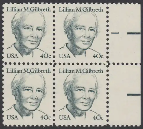 USA Michel 1682 / Scott 1868 postfrisch BLOCK RÄNDER rechts m/ Platten-# 1 - Amerikanische Persönlichkeiten: Lilian M. Gilbreth (1878-1972), Ingenieurin