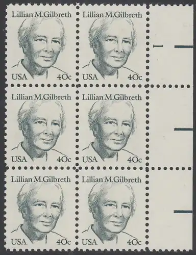 USA Michel 1682 / Scott 1868 postfrisch vert.BLOCK(6) RÄNDER rechts m/ Platten-# 1 - Amerikanische Persönlichkeiten: Lilian M. Gilbreth (1878-1972), Ingenieurin