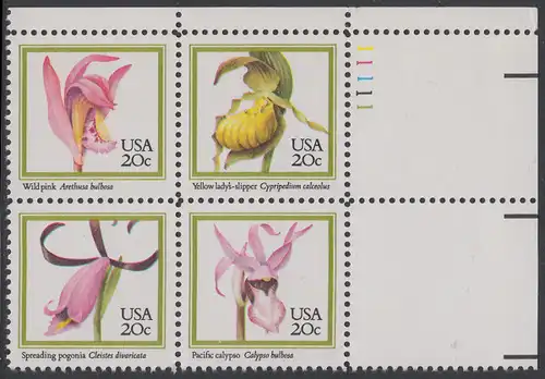 USA Michel 1683-1686 / Scott 2076-2079 postfrisch PLATEBLOCK ECKRAND oben rechts m/ Platten-# 11111 - Orchideen