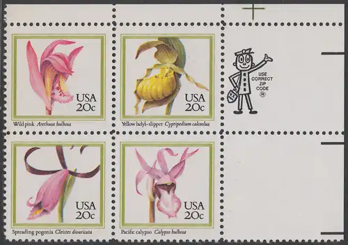 USA Michel 1683-1686 / Scott 2076-2079 postfrisch ZIP-BLOCK (ur) - Orchideen