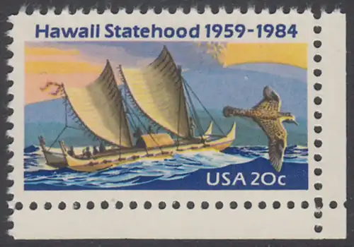 USA Michel 1687 / Scott 2080 postfrisch EINZELMARKE ECKRAND unten rechts - 25 Jahre Staat Hawaii: Ostpolynesischer Katamaran