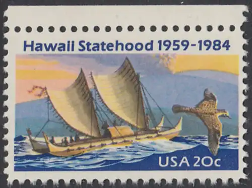 USA Michel 1687 / Scott 2080 postfrisch EINZELMARKE RAND oben - 25 Jahre Staat Hawaii: Ostpolynesischer Katamaran