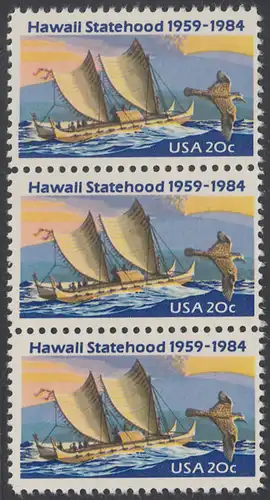 USA Michel 1687 / Scott 2080 postfrisch vert.STRIP(3) - 25 Jahre Staat Hawaii: Ostpolynesischer Katamaran