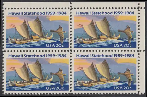 USA Michel 1687 / Scott 2080 postfrisch BLOCK ECKRAND oben rechts - 25 Jahre Staat Hawaii: Ostpolynesischer Katamaran