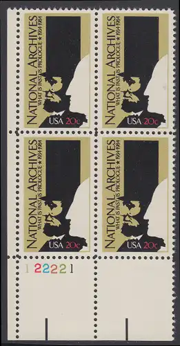 USA Michel 1689 / Scott 2081 postfrisch PLATEBLOCK ECKRAND unten links m/ Platten-# 122221 - 50 Jahre Nationalarchiv