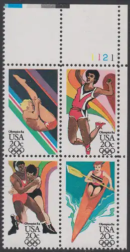 USA Michel 1690-1693 / Scott 2082-2085 postfrisch PLATEBLOCK ECKRAND oben rechts m/ Platten-# 1121 (b) - Olympische Sommerspiele, Los Angeles