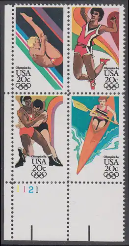 USA Michel 1690-1693 / Scott 2082-2085 postfrisch PLATEBLOCK ECKRAND unten links m/ Platten-# 1121 - Olympische Sommerspiele, Los Angeles