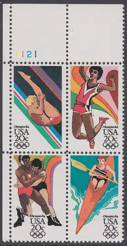 USA Michel 1690-1693 / Scott 2082-2085 postfrisch PLATEBLOCK ECKRAND oben links m/ Platten-# 1121 - Olympische Sommerspiele, Los Angeles