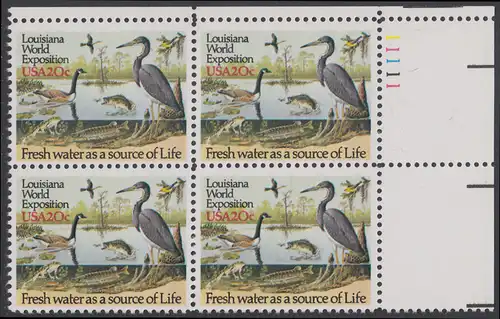 USA Michel 1694 / Scott 2086 postfrisch PLATEBLOCK ECKRAND oben rechts m/ Platten-# 11111 (b) - Louisiana-Weltausstellung, New Orleans - Gewässerschutz