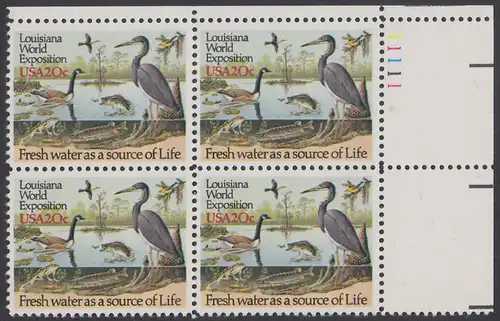 USA Michel 1694 / Scott 2086 postfrisch PLATEBLOCK ECKRAND oben rechts m/ Platten-# 11111 (a) - Louisiana-Weltausstellung, New Orleans - Gewässerschutz