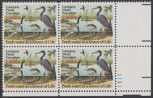 USA Michel 1694 / Scott 2086 postfrisch PLATEBLOCK ECKRAND unten rechts m/ Platten-# 11111 (c) - Louisiana-Weltausstellung, New Orleans - Gewässerschutz