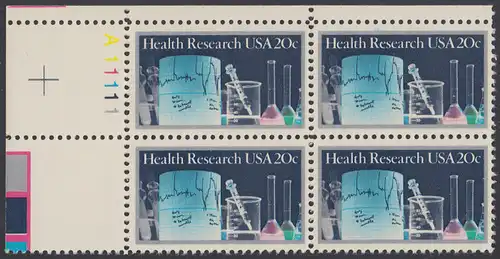 USA Michel 1695 / Scott 2087 postfrisch PLATEBLOCK ECKRAND oben links m/ Platten-# A11111 - Medizinische Forschung: Laborgeräte