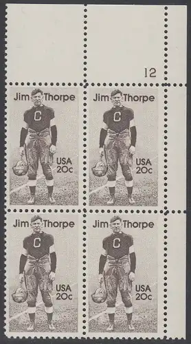 USA Michel 1697 / Scott 2089 postfrisch PLATEBLOCK ECKRAND oben rechts m/ Platten-# 12 - Sportler: James Francis -Jim- Thorpe (1887-1953), Leichtathlet, Football- und Baseballspieler