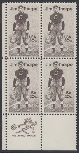USA Michel 1697 / Scott 2089 postfrisch ZIP-BLOCK (ll) - Sportler: James Francis -Jim- Thorpe (1887-1953), Leichtathlet, Football- und Baseballspieler