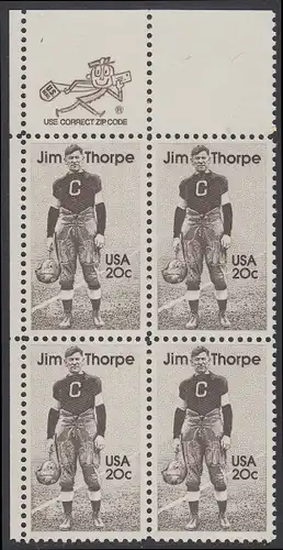 USA Michel 1697 / Scott 2089 postfrisch ZIP-BLOCK (ul) - Sportler: James Francis -Jim- Thorpe (1887-1953), Leichtathlet, Football- und Baseballspieler