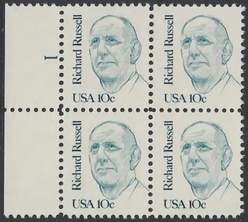 USA Michel 1698 / Scott 1853 postfrisch BLOCK RÄNDER links m/ Platten-# 1 - Amerikanische Persönlichkeiten: Richard B. Russell (1897-1971), Senator