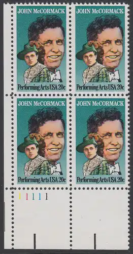 USA Michel 1699 / Scott 2090 postfrisch PLATEBLOCK ECKRAND unten links m/ Platten-# 11111 (b) - Darstellende Künste und Künstler: John McCormack (1884-1945), Sänger