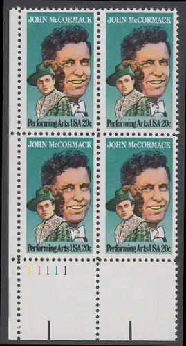 USA Michel 1699 / Scott 2090 postfrisch PLATEBLOCK ECKRAND unten links m/ Platten-# 11111 (c) - Darstellende Künste und Künstler: John McCormack (1884-1945), Sänger