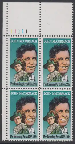 USA Michel 1699 / Scott 2090 postfrisch PLATEBLOCK ECKRAND oben links m/ Platten-# 11111 - Darstellende Künste und Künstler: John McCormack (1884-1945), Sänger