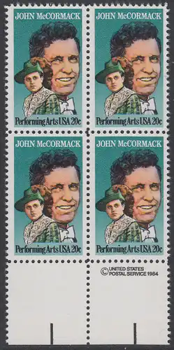 USA Michel 1699 / Scott 2090 postfrisch BLOCK RÄNDER unten m/ copyright symbol - Darstellende Künste und Künstler: John McCormack (1884-1945), Sänger