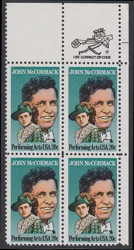 USA Michel 1699 / Scott 2090 postfrisch ZIP-BLOCK (ur) - Darstellende Künste und Künstler: John McCormack (1884-1945), Sänger