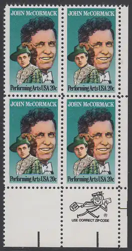USA Michel 1699 / Scott 2090 postfrisch ZIP-BLOCK (lr) - Darstellende Künste und Künstler: John McCormack (1884-1945), Sänger