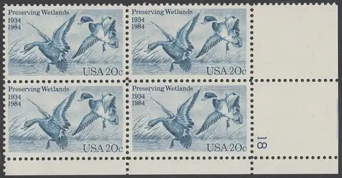 USA Michel 1701 / Scott 2092 postfrisch PLATEBLOCK ECKRAND unten rechts m/ Platten-# 18 - 50 Jahre Zugvogel-Jagd- und Schutzgesetz: Stockente