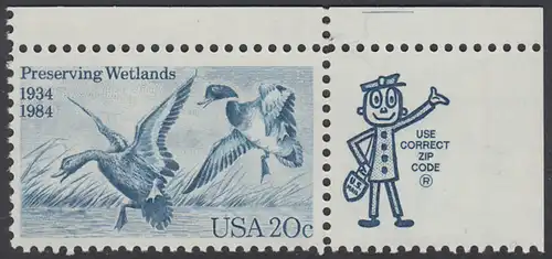 USA Michel 1701 / Scott 2092 postfrisch EINZELMARKE ECKRAND oben rechts m/ ZIP-Emblem - 50 Jahre Zugvogel-Jagd- und Schutzgesetz: Stockente