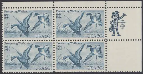 USA Michel 1701 / Scott 2092 postfrisch ZIP-BLOCK (ur) - 50 Jahre Zugvogel-Jagd- und Schutzgesetz: Stockente