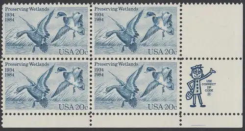 USA Michel 1701 / Scott 2092 postfrisch ZIP-BLOCK (lr) - 50 Jahre Zugvogel-Jagd- und Schutzgesetz: Stockente